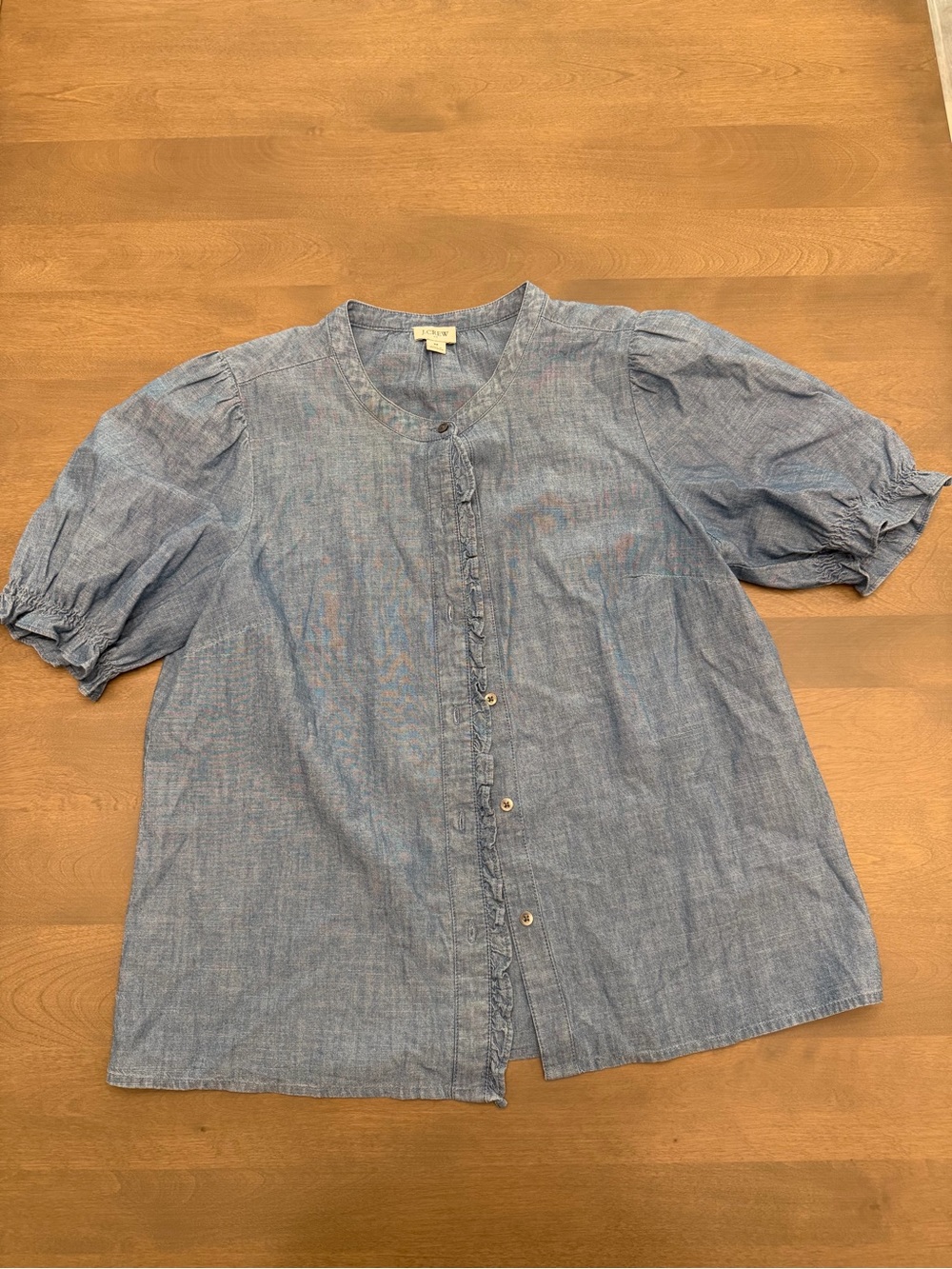 J.Crew Chambray Ruffle Button Front Puff Sleeve Blouse Size Medium
